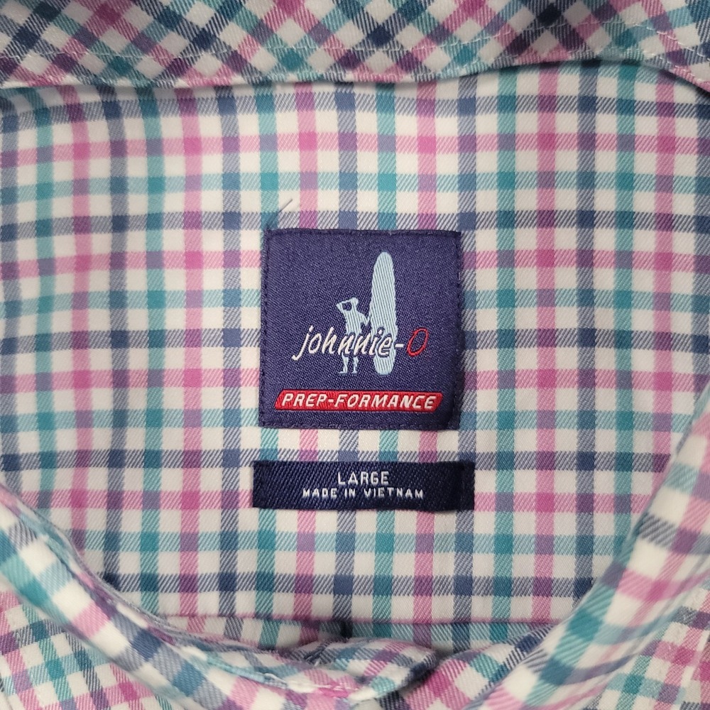 Johnnie-O Stan Prep-Formance Button Down Shirt Large Strawberry Plaid Stretch - Picture 3 of 11